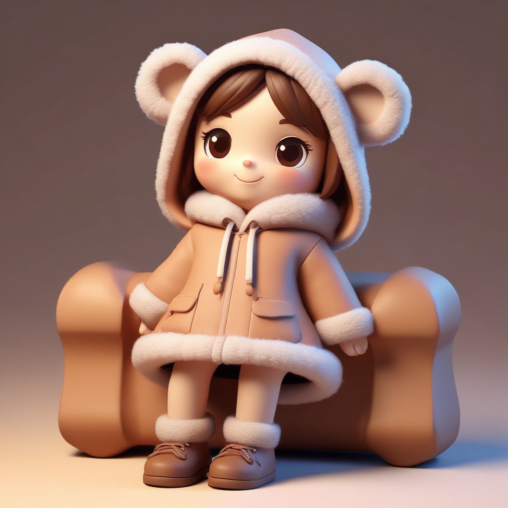 粘土人偶:Q版女孩抱着泰迪熊,冬装可爱提示词