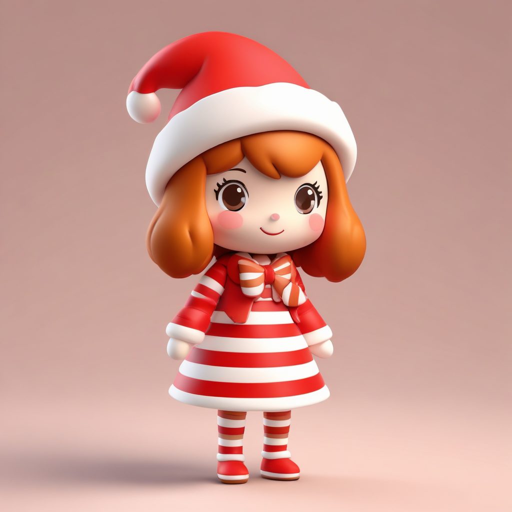 粘土质感姜饼圣诞女孩:超萌Pop Mart风格3D渲染全身站立图