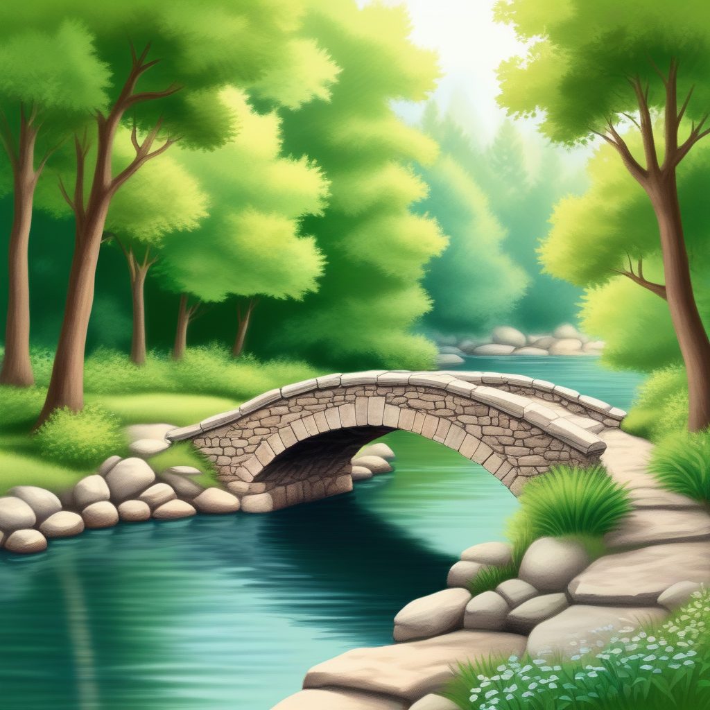 宁静治愈系手绘风景：AI绘画快速生成河流小桥插画艺术风格