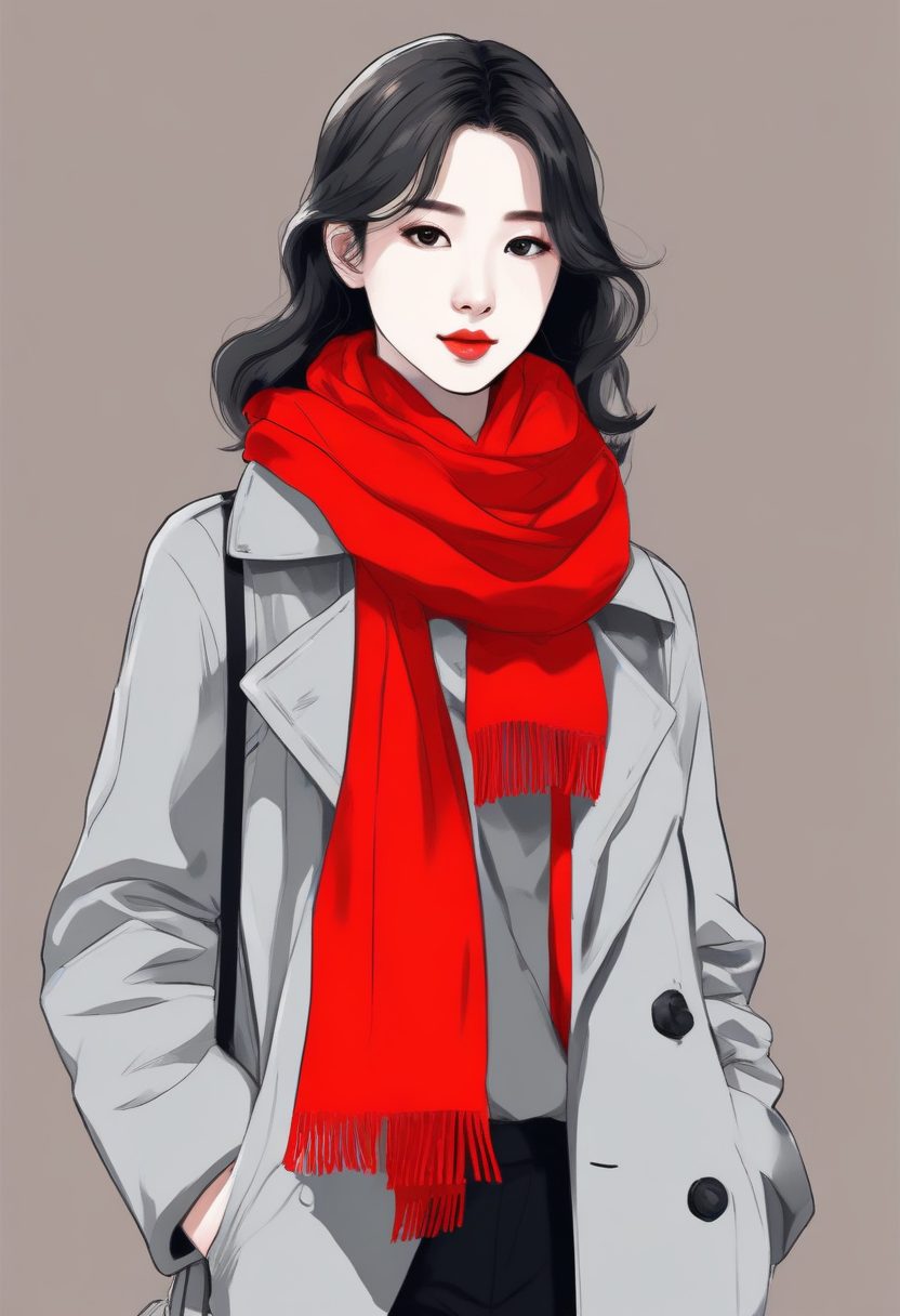 暖冬限定🧣!红色围巾点亮韩系少女极简插画,全身照纯色背景壁纸