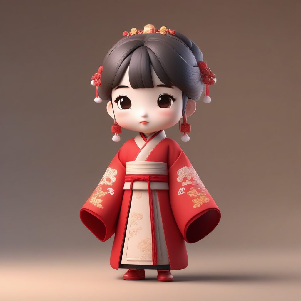 暖红喜庆:冬日汉服小女孩C4D全身渲染图,纯色背景AI绘画教程