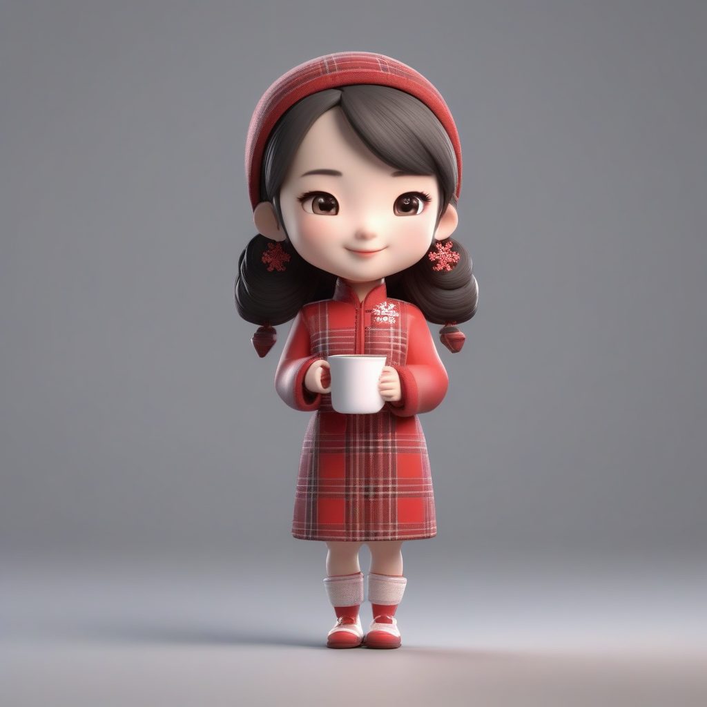 暖心治愈:抱热可可的Q版旗袍女孩,软工作室布光下的8K粘土模型