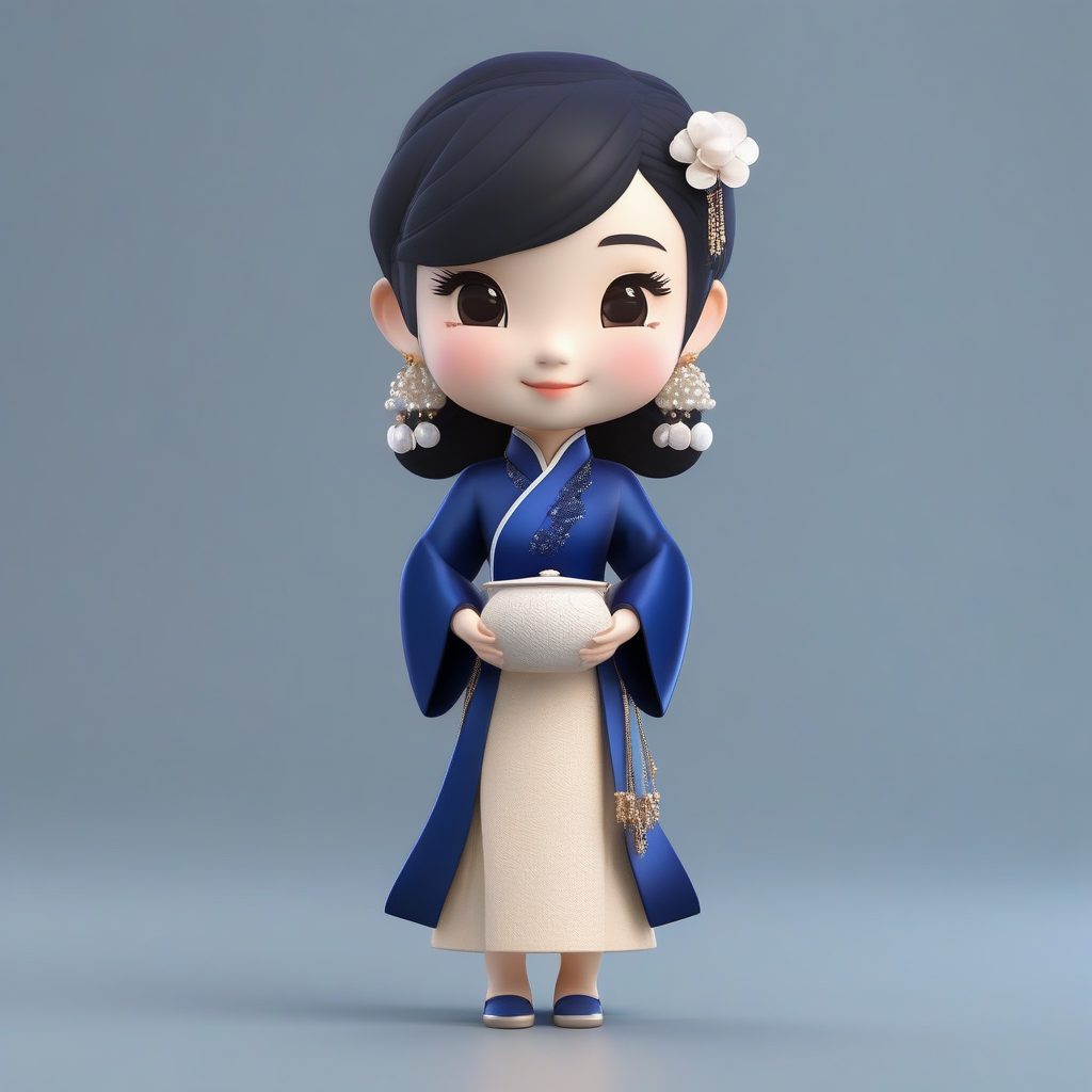 Octane高抛光:优雅丝绒旗袍与珍珠配饰的3D粘土少女全身像