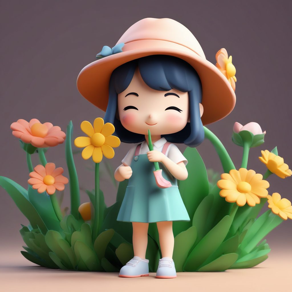 Octane渲染Q版花匠：低头闻花的安静表情与3D粘土效果