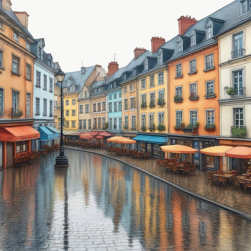 欧式雨景插画：治愈系小镇风光，手绘蜡笔纸张肌理