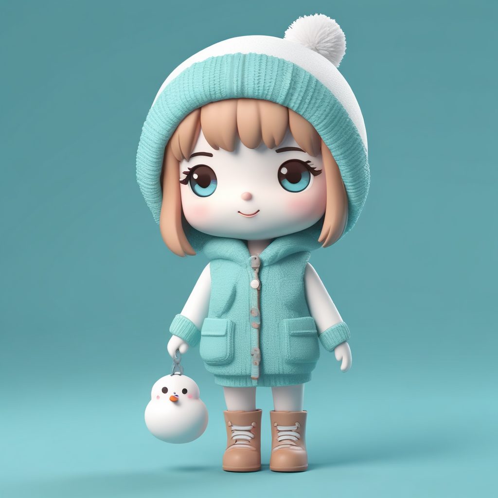 Pop Mart冬日限定:Q版女孩抱着一只小雪人的全身手办渲染