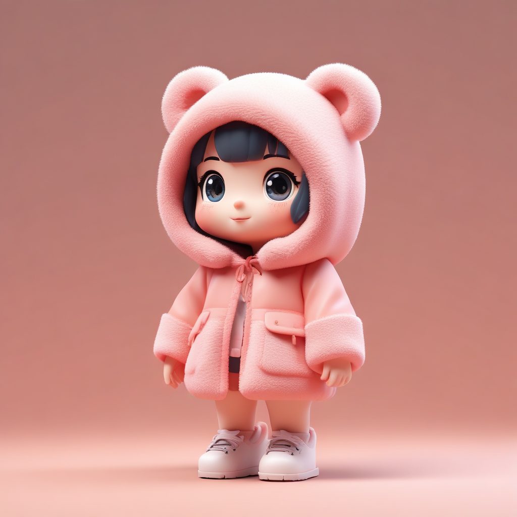 Pop Mart风格C4D:Q版女孩穿着泰迪熊外套的可爱全身照