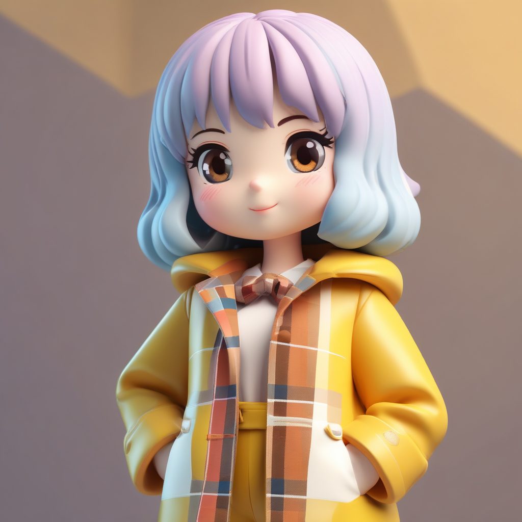 Pop Mart风格: Q版人物穿着长款格子大衣的3D模型提示词