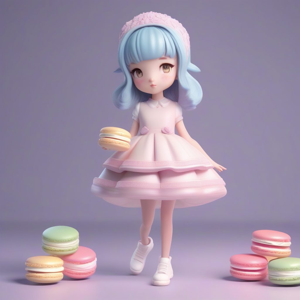 Pop Mart风格甜点Q版角色：马卡龙女孩全身站立照AI绘画教程