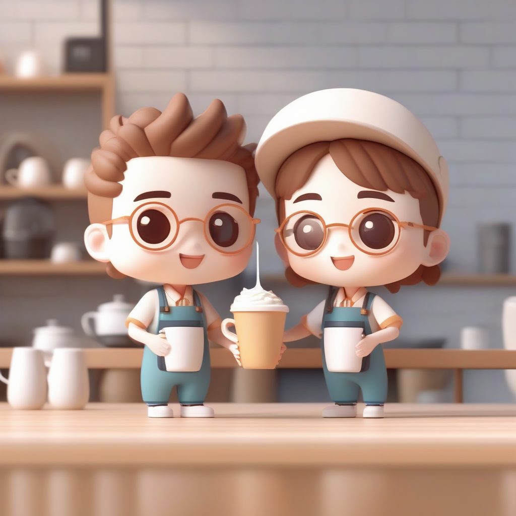 Pop Mart盲盒美学：超治愈Q版咖啡师情侣3D渲染提示词分享