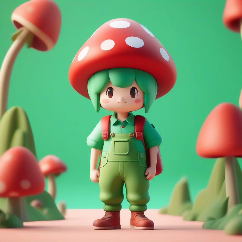 Pop Mart蘑菇探险家:超细节粘土质感3D渲染,卡哇伊Q版角色建模提示词