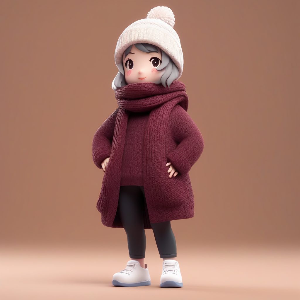 Pop Mart粘土风:秋冬毛线帽与围巾Q版人物,纯色背景全身站立提示词