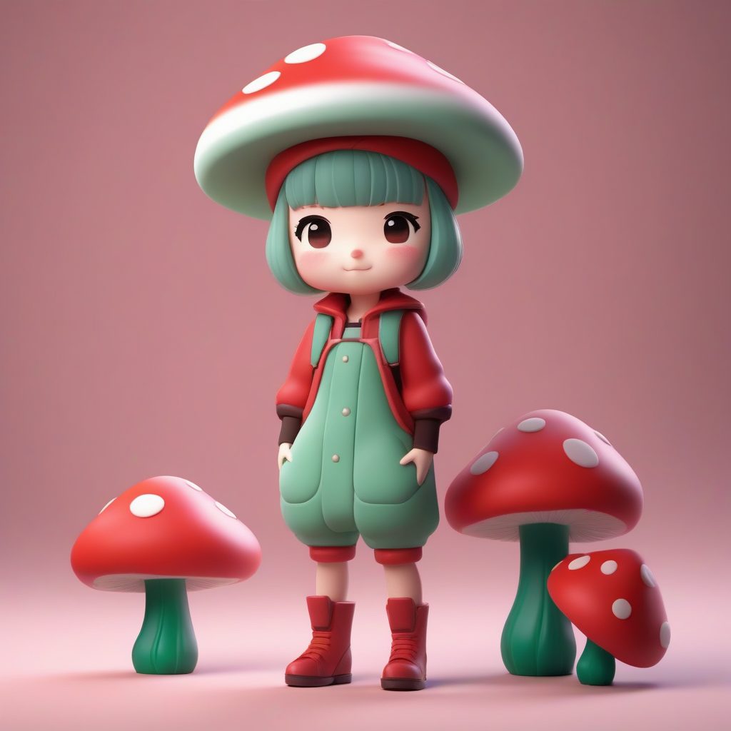 Pop Mart粘土风：森林蘑菇女孩3D渲染教程，Octane高细节卡通手办提示词