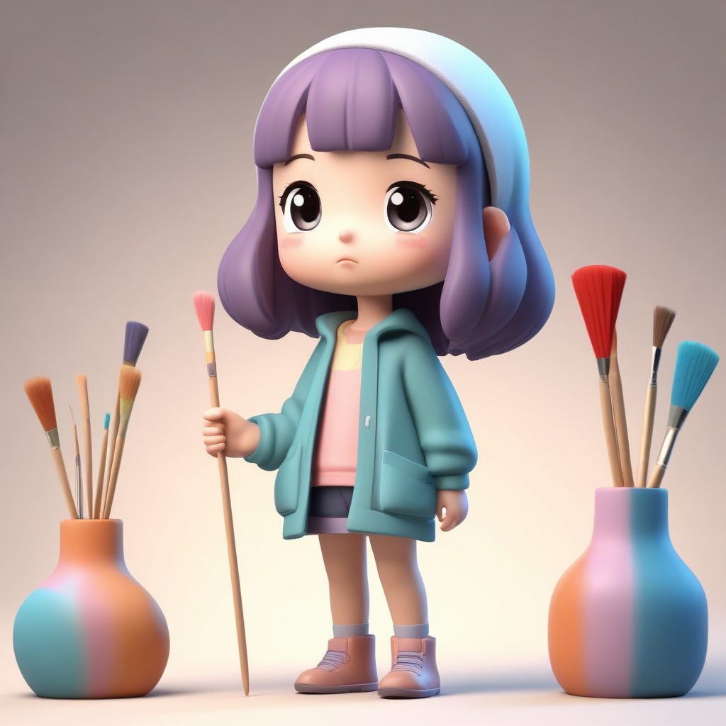 Pop Mart Q版画家：举起画笔的创作动态与思考表情渲染