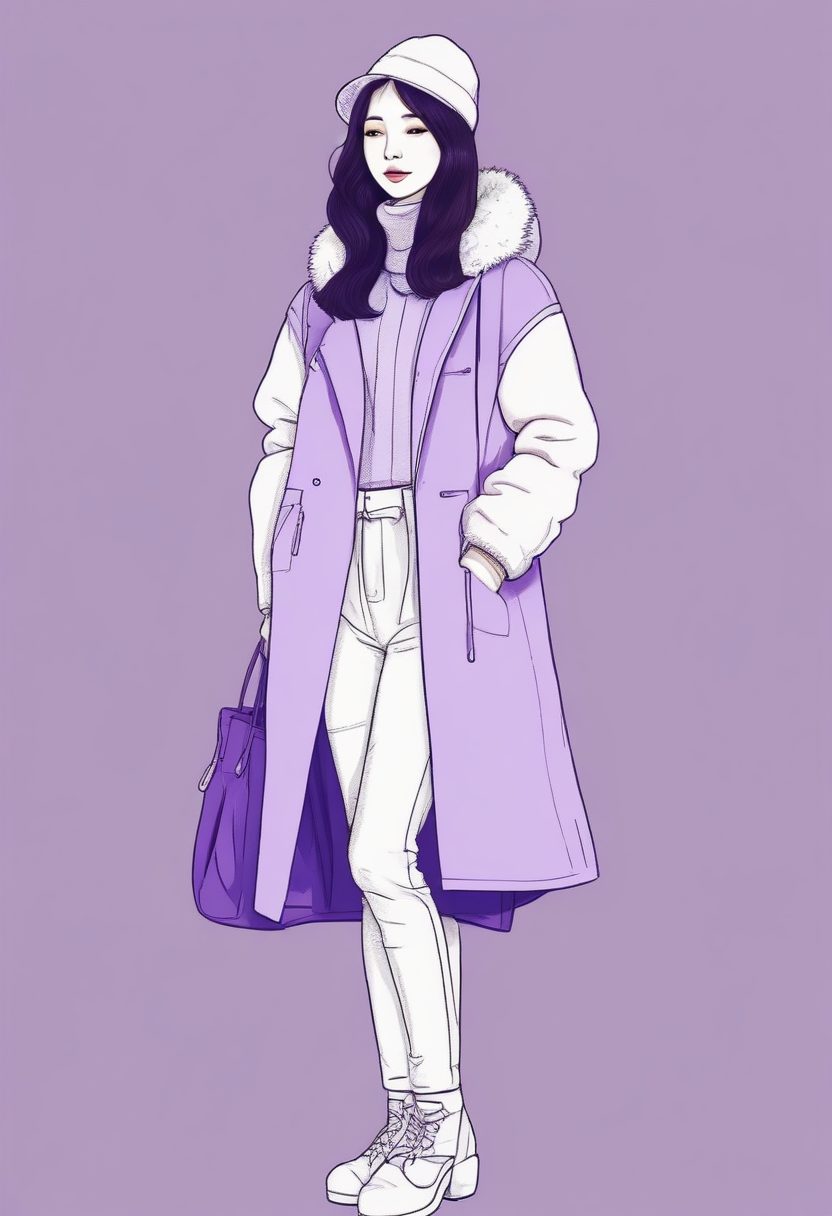 🍇葡萄紫配色：极简线稿插画，时尚韩系少女冬日穿搭全身照