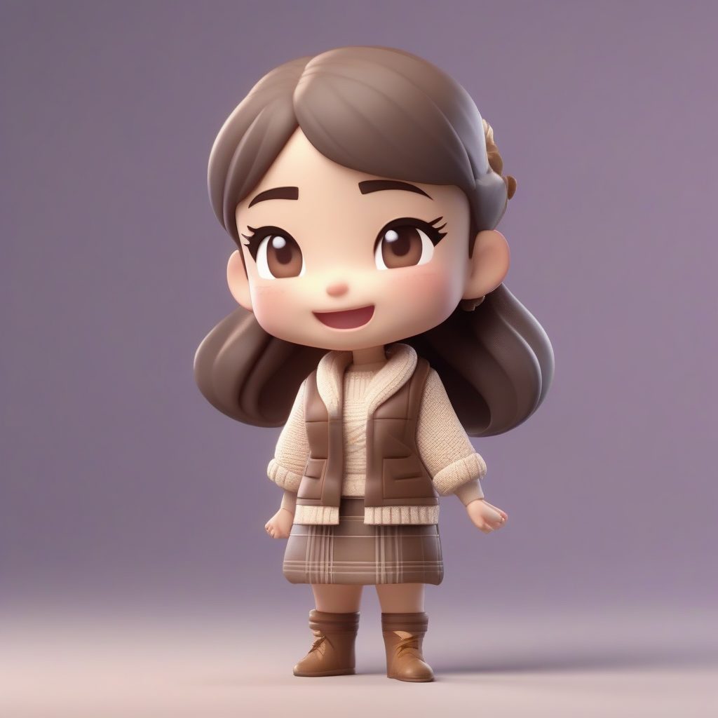 Q版表情管理大师:格纹旗袍+毛衣背心的3D粘土人偶AI提示词