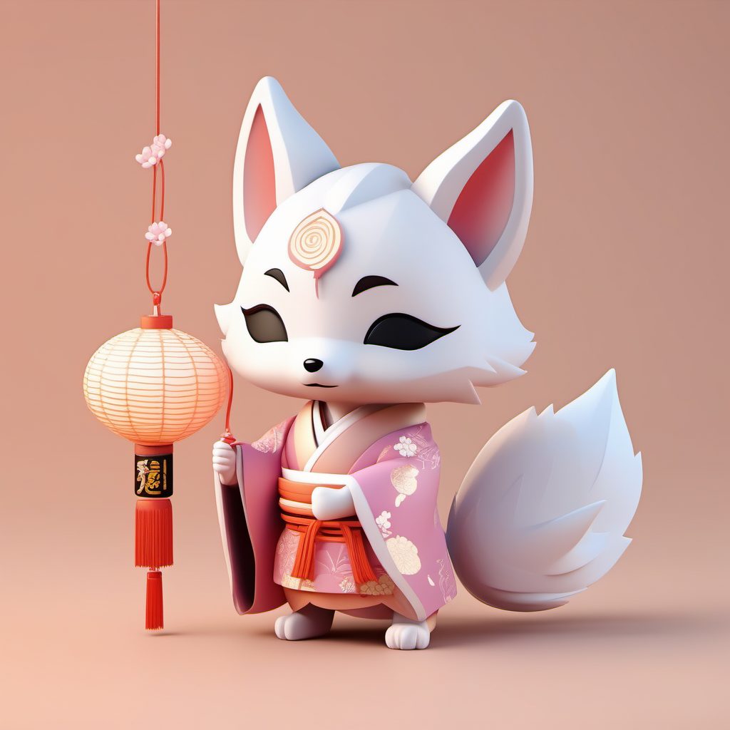 Q版狐狸精Kitsune：日系神话粘土手办3D全身渲染