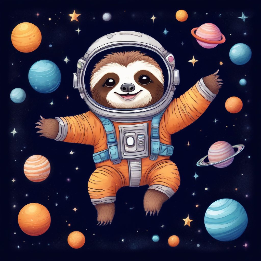 Q版卡通插画:蜡笔风格可爱树懒太空探险提示词