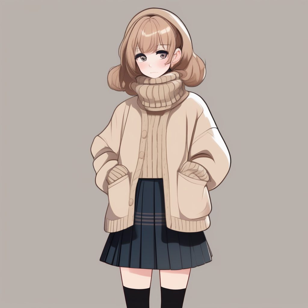 Q版日系冬日叠穿指南:低饱和度马卡龙配色,纯色背景全身像提示词