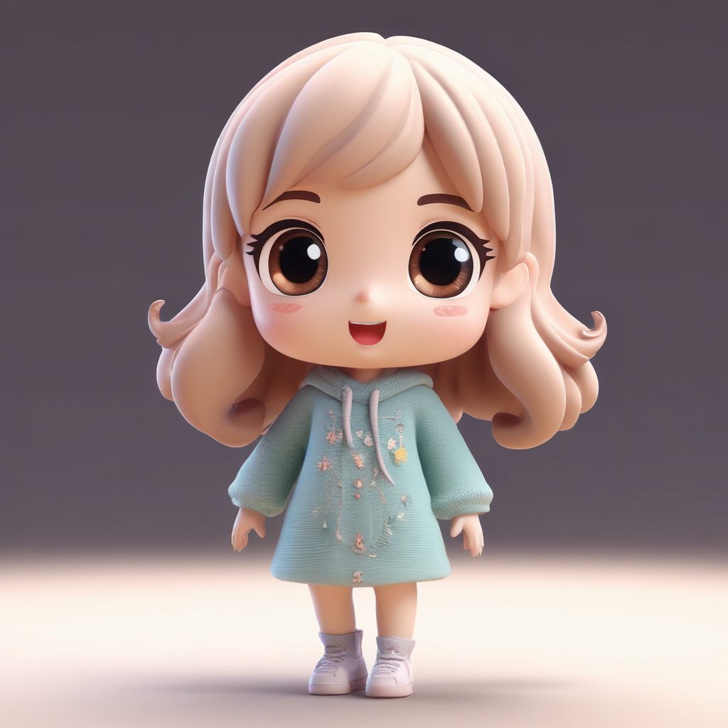 Q版少女的活力舞姿:毛衣连衣裙的3D动态全身渲染