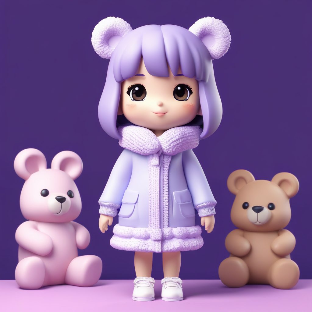 Q版治愈系: 抱着巨大毛绒玩具的冬日时尚穿搭提示词