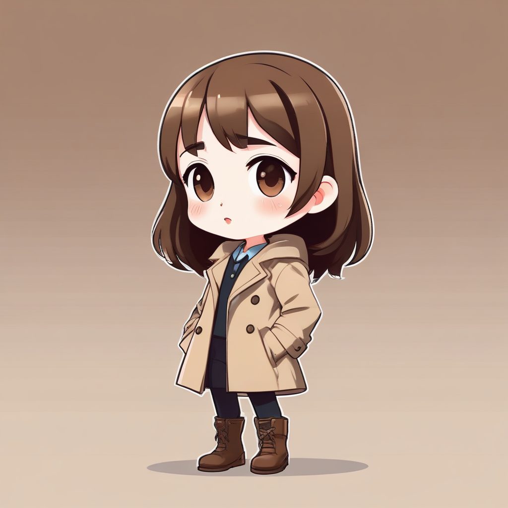 🧥气质风衣Chibi：都市丽人感Q版全身像，纯深棕背景