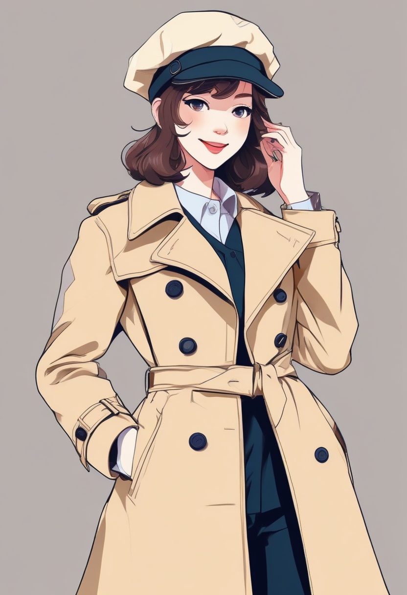 气质女生必备！极简线稿：风衣+贝雷帽时尚女孩全身像，绝美AI壁纸！