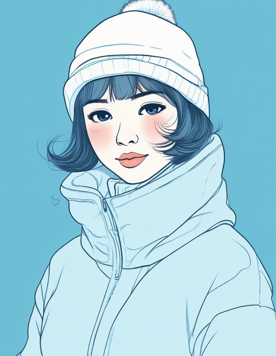 🌊浅蓝色系暴击!极简手绘线稿插画,清冷感日系少女冬装
