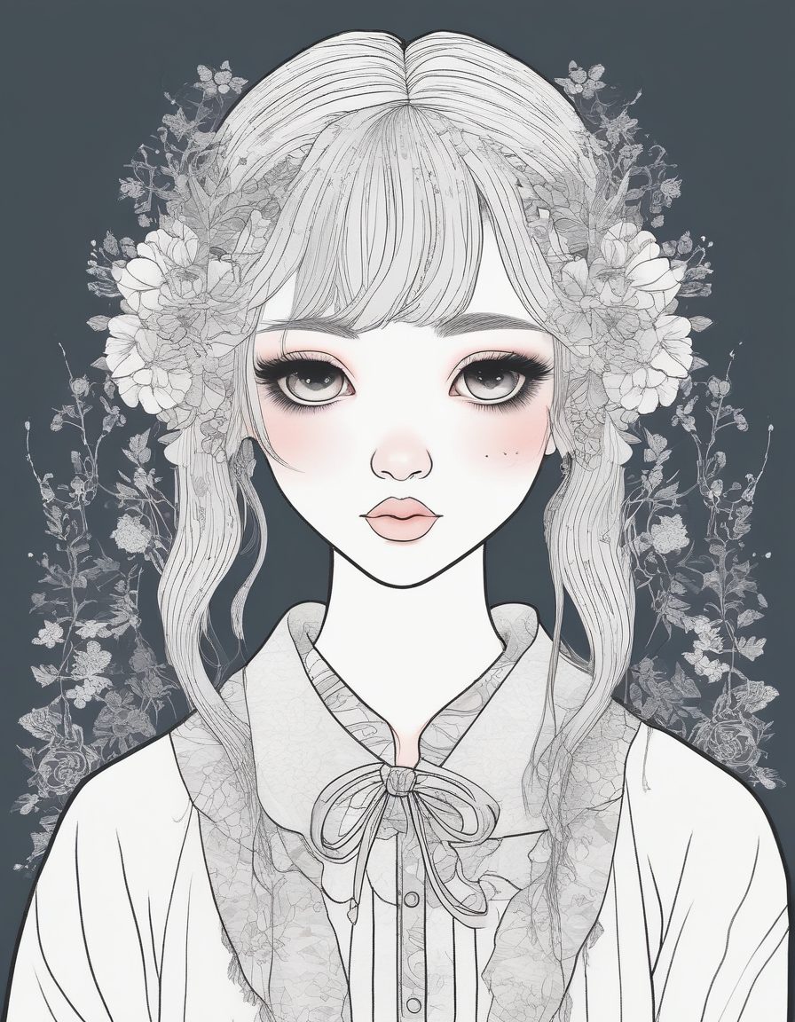 浅色系暗黑少女:柔和粉彩色调线稿与纯色背景的视觉冲击