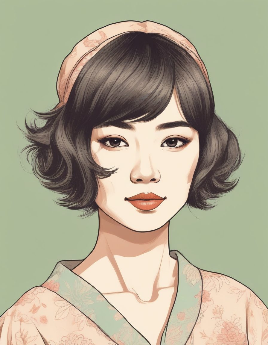 俏皮短发少女线稿:手绘故事书风格的可爱纯色背景肖像