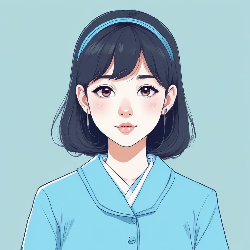 🏫清纯JK制服少女：极简线条插画，低饱和度蓝色系清新感