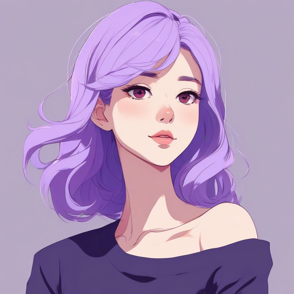 清风徐来：极简动漫少女动态发丝肖像，纯色柔紫背景电影感