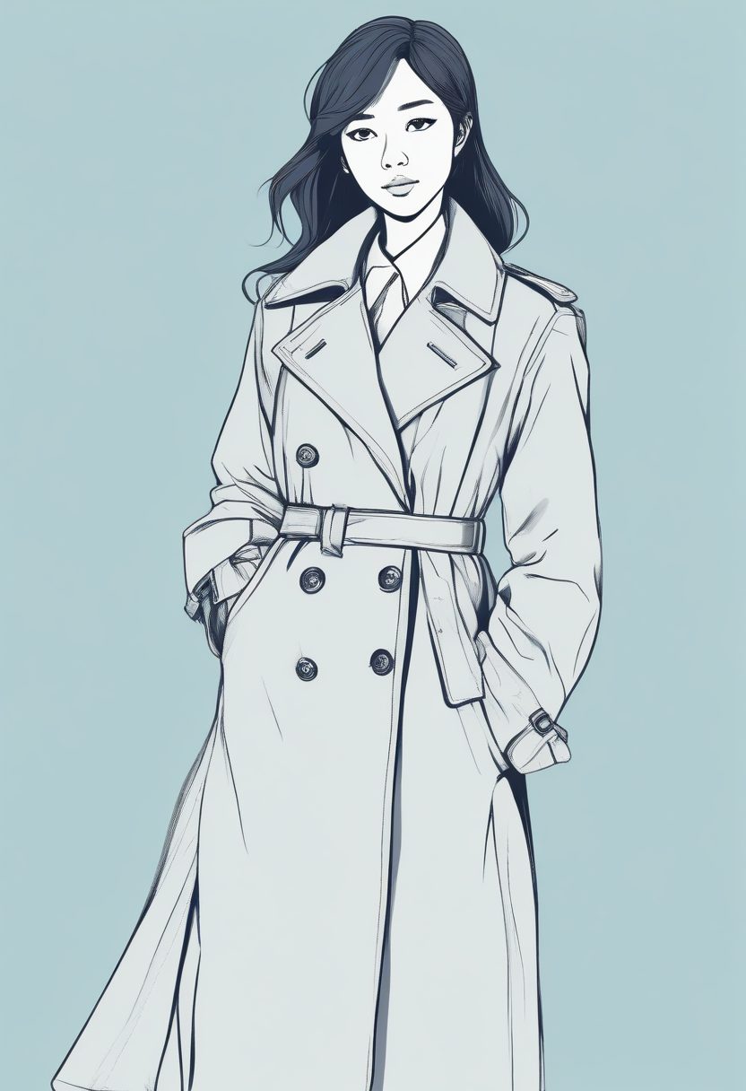 🌊 清冷感:极简线稿插画,超长风衣日系少女,低饱和度蓝Macaron配色壁纸。