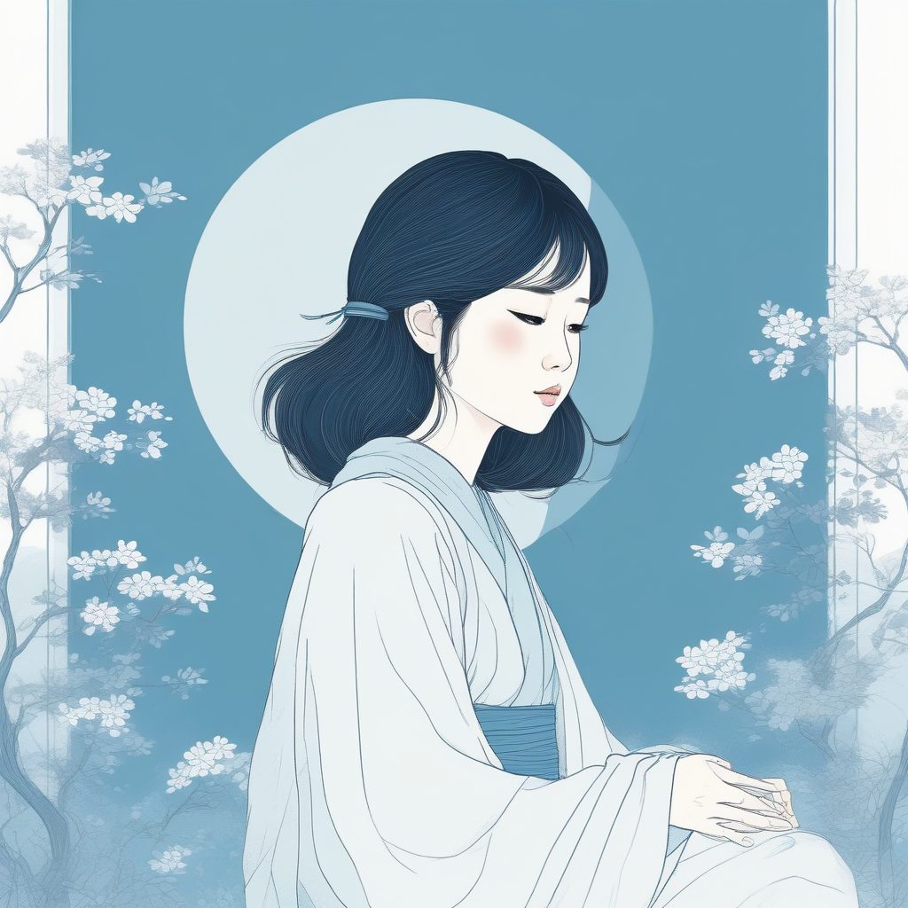 🌊清冷系线稿！蓝色调极简日系少女插画，高级感壁纸公式