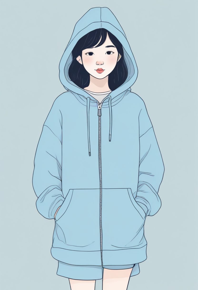 🌊清冷治愈系：雾霾蓝色极简线稿插画，韩系少女冬装壁纸