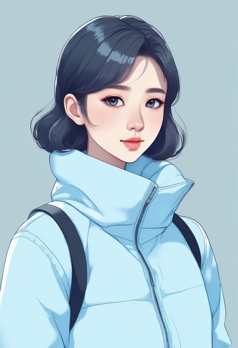 🧊清透系!冰蓝色马卡龙极简线稿插画,韩系少女冬日穿搭全身壁纸