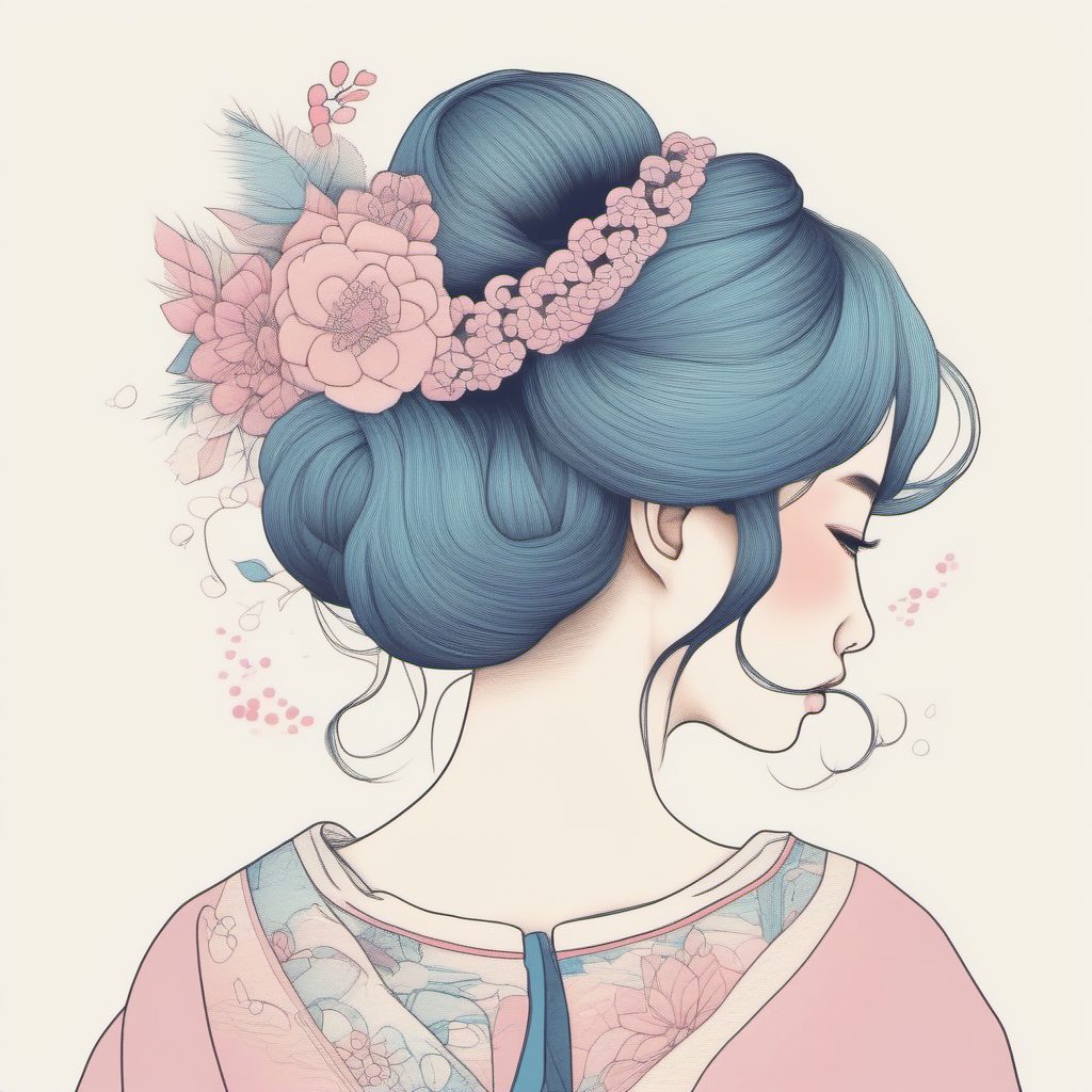 清新背影杀:极简线稿下的日系发型与粉蓝色配饰细节