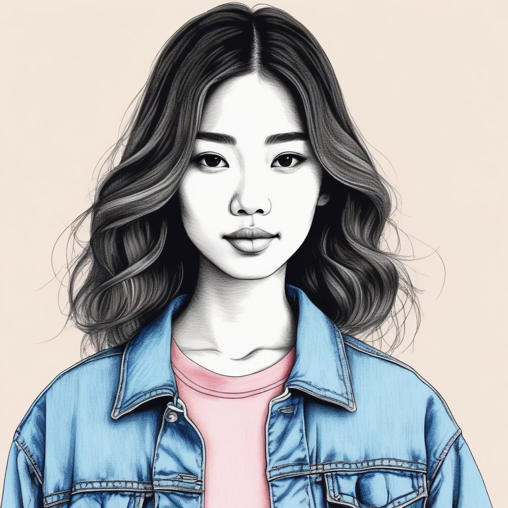 清新淡雅：极简AI插画中的粉蓝牛仔外套穿搭