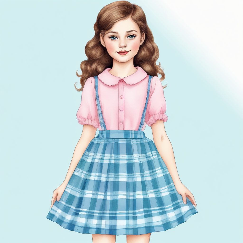 清新学院风:AI绘制粉蓝格纹裙的可爱少女插画