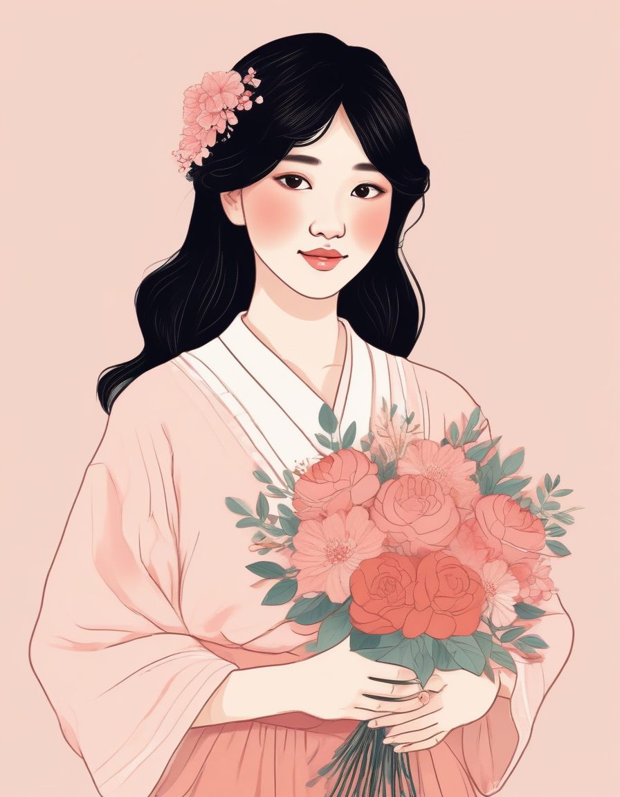 清新氧气少女:手捧花束日系线稿插画纯色背景生成秘诀