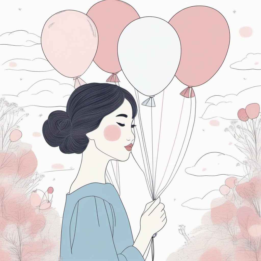 清新治愈：手持气球的日系女孩粉蓝极简线稿AI教程