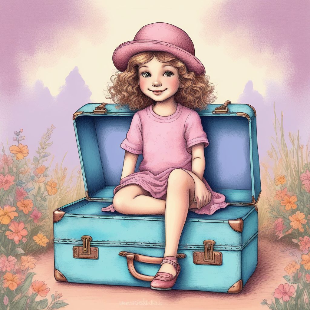 轻盈度假风:AI绘制坐在行李箱上的粉蓝系少女插画