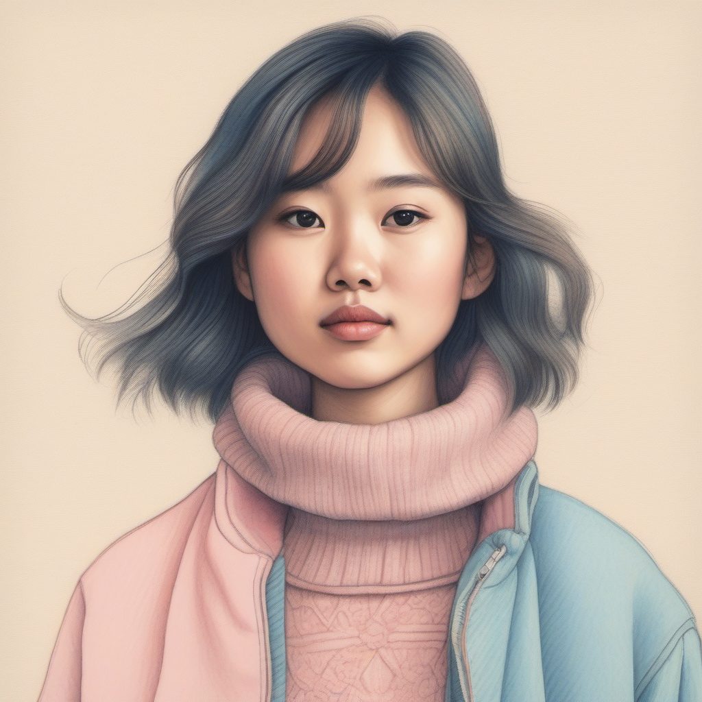 秋冬穿搭指南:AI生成穿着高领叠穿的粉蓝系日系女孩插画