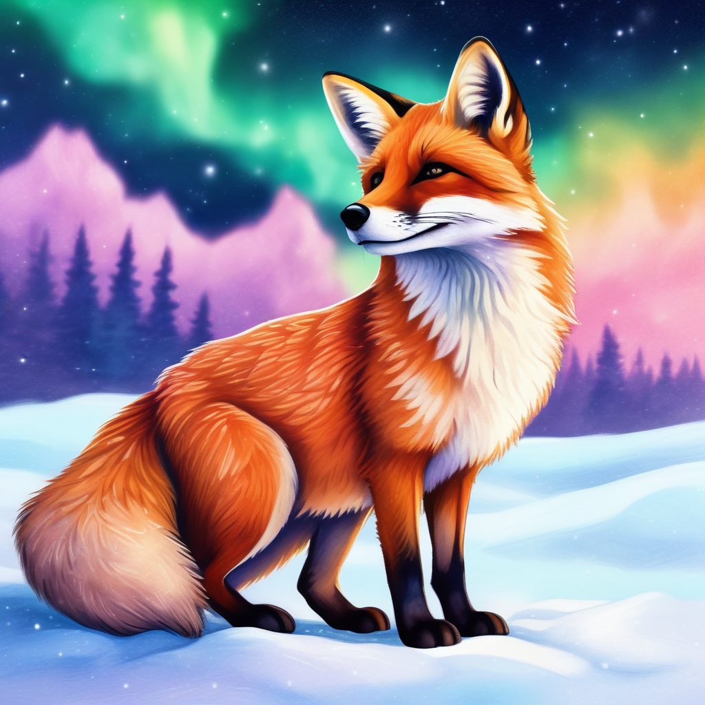 秋冬治愈系|彩铅小狐狸与极光,梦幻背景图生成