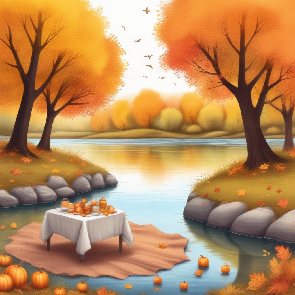 秋日野餐风景：治愈系暖色调插画，纸张肌理锁屏壁纸