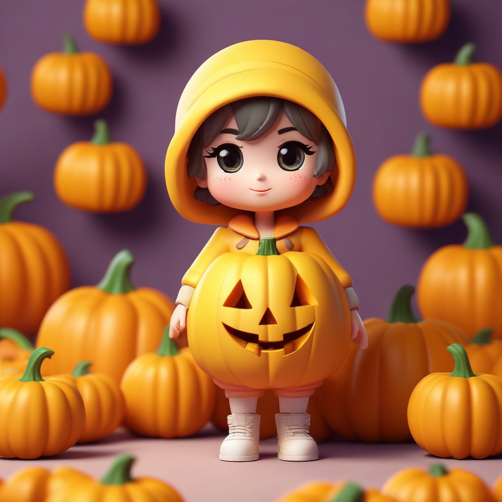 秋日主题:Q版女孩抱着南瓜的惊讶表情Octane模型