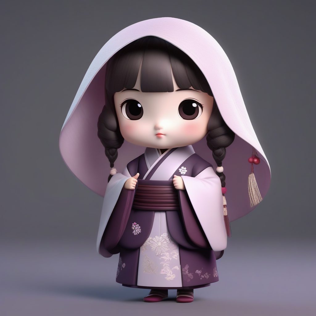 全身站立：高细节Q版汉服女孩3D渲染，强调毛绒披风的冬季感