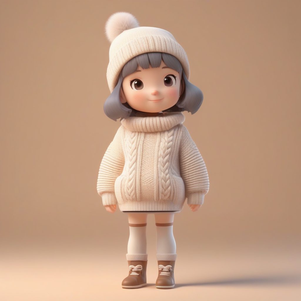 全网爆款:Q版毛线帽女孩3D全身像,柔和光照下的粘土艺术提示词