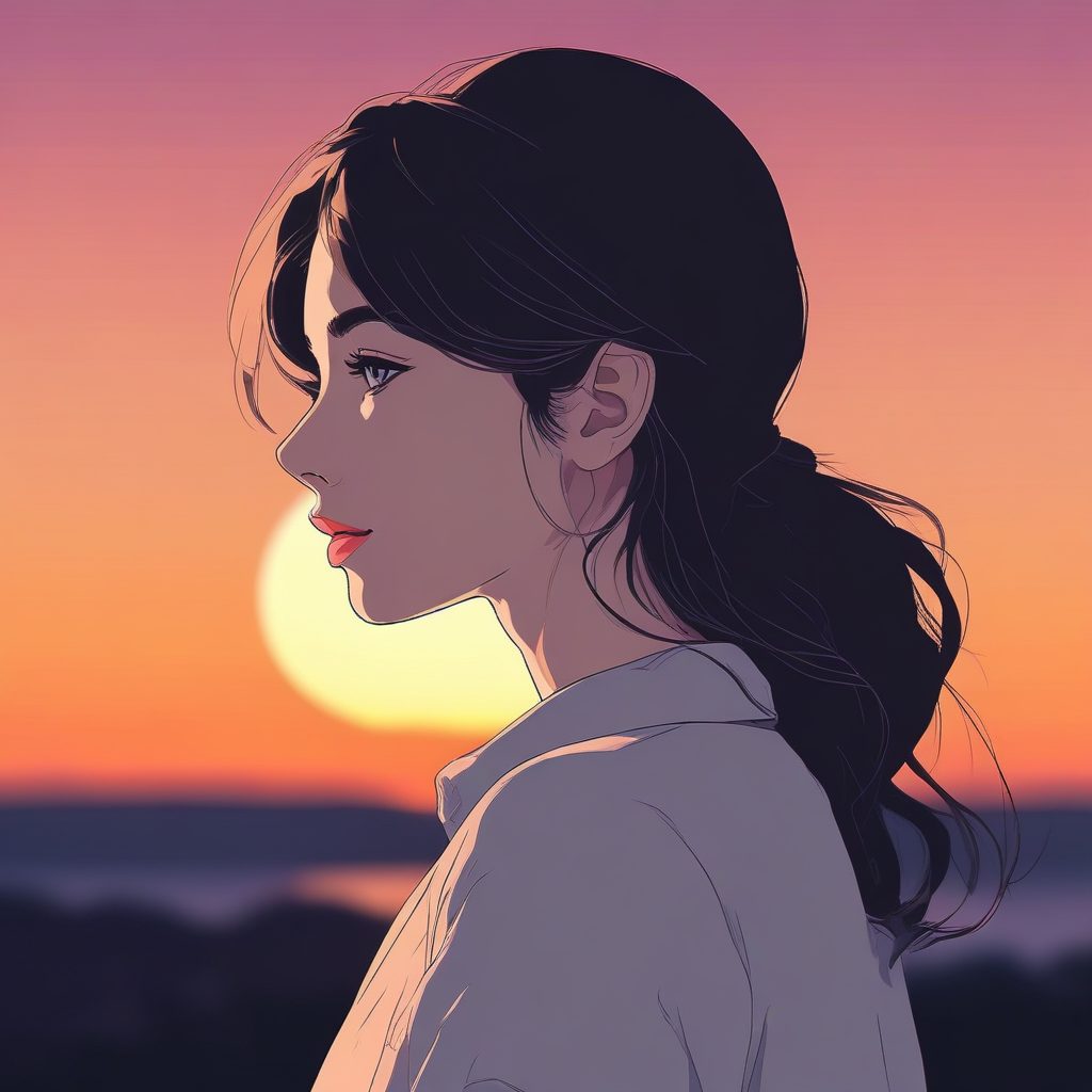 日落黄昏极简头像：逆光剪影二次元少女与低饱和纯色背景AI生成