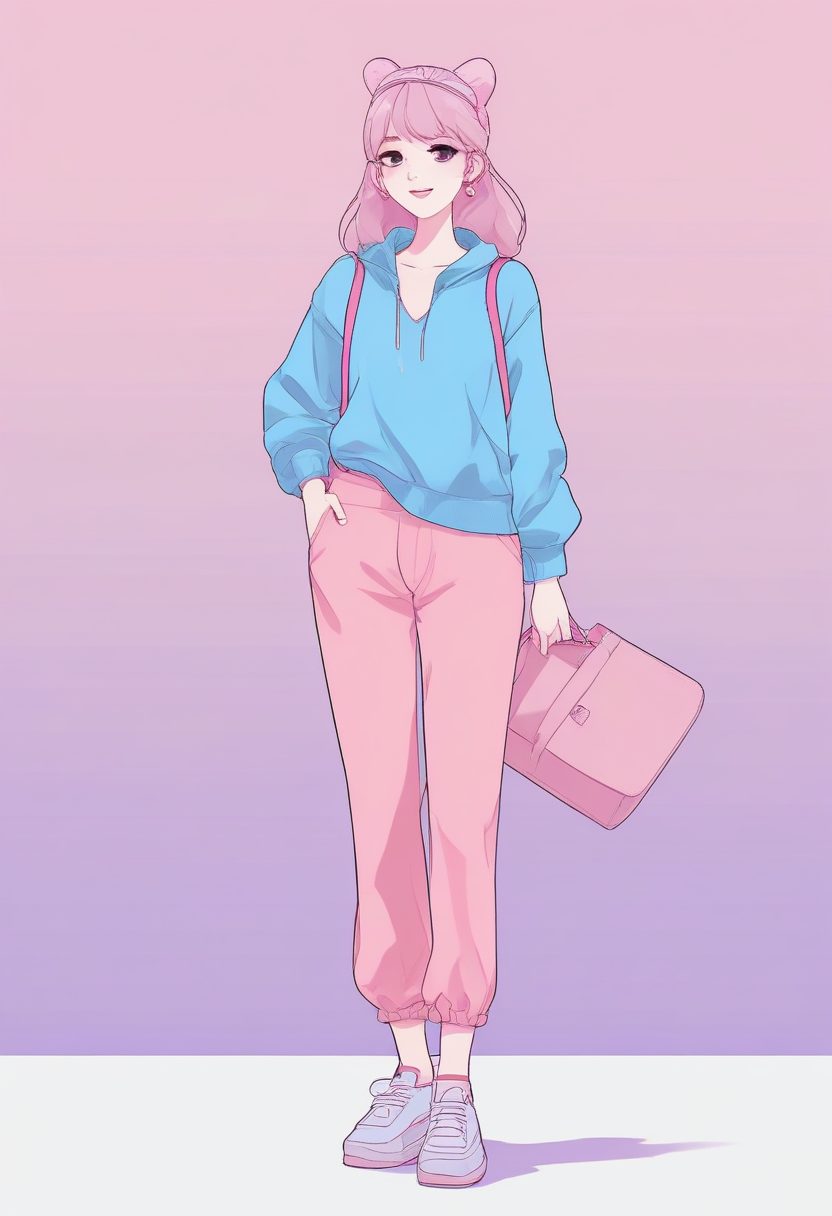 日系插画风：极简软萌粉蓝系时尚女孩全身像，干净到可以直接做Logo